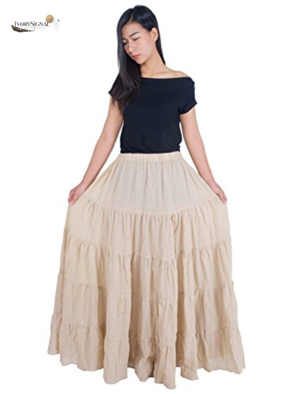 Handmade 100% Cotton Long Ruffle Maxi Skirt Full Circle Elastic Waist